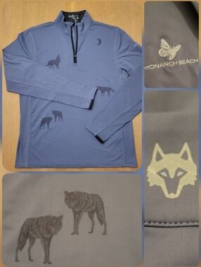 GREYSON 1/2 Zip Performance Golf Pullover Sweater Blue Medium Wolf Pattern Flaw